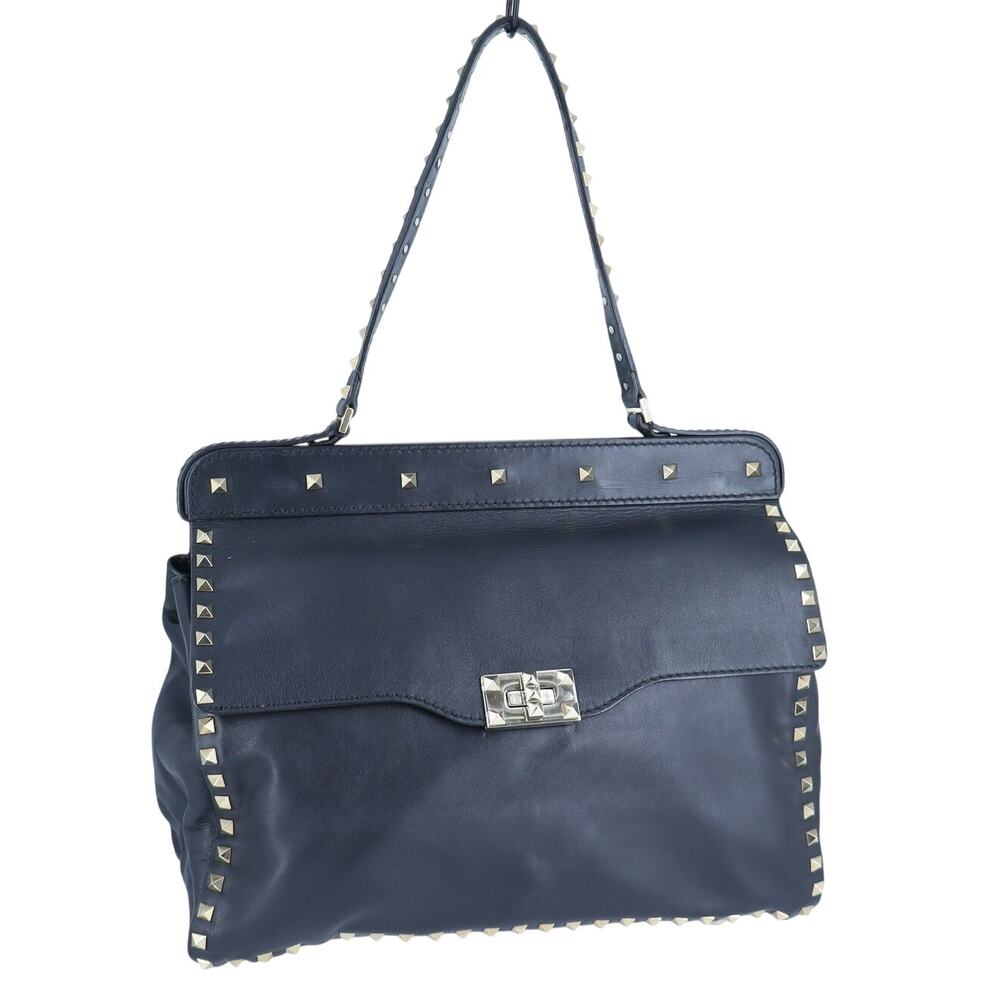 Valentino Garavani Rockstud Shoulder Bag Black Leather Turn Lock Purse